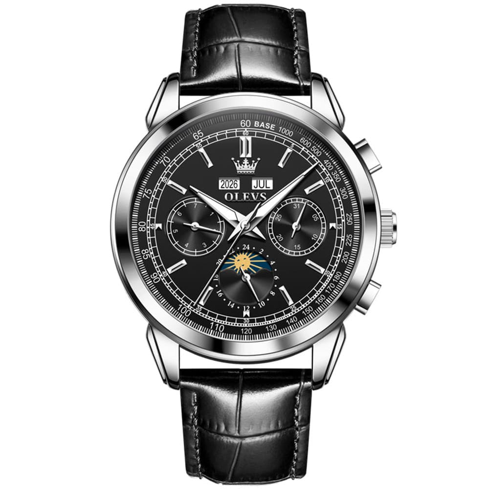 OLEVS Leather Strap Moon Phase Automatic Mechanical Watch for Men 7117 - Gold Black Watch | Olevs Watch Store