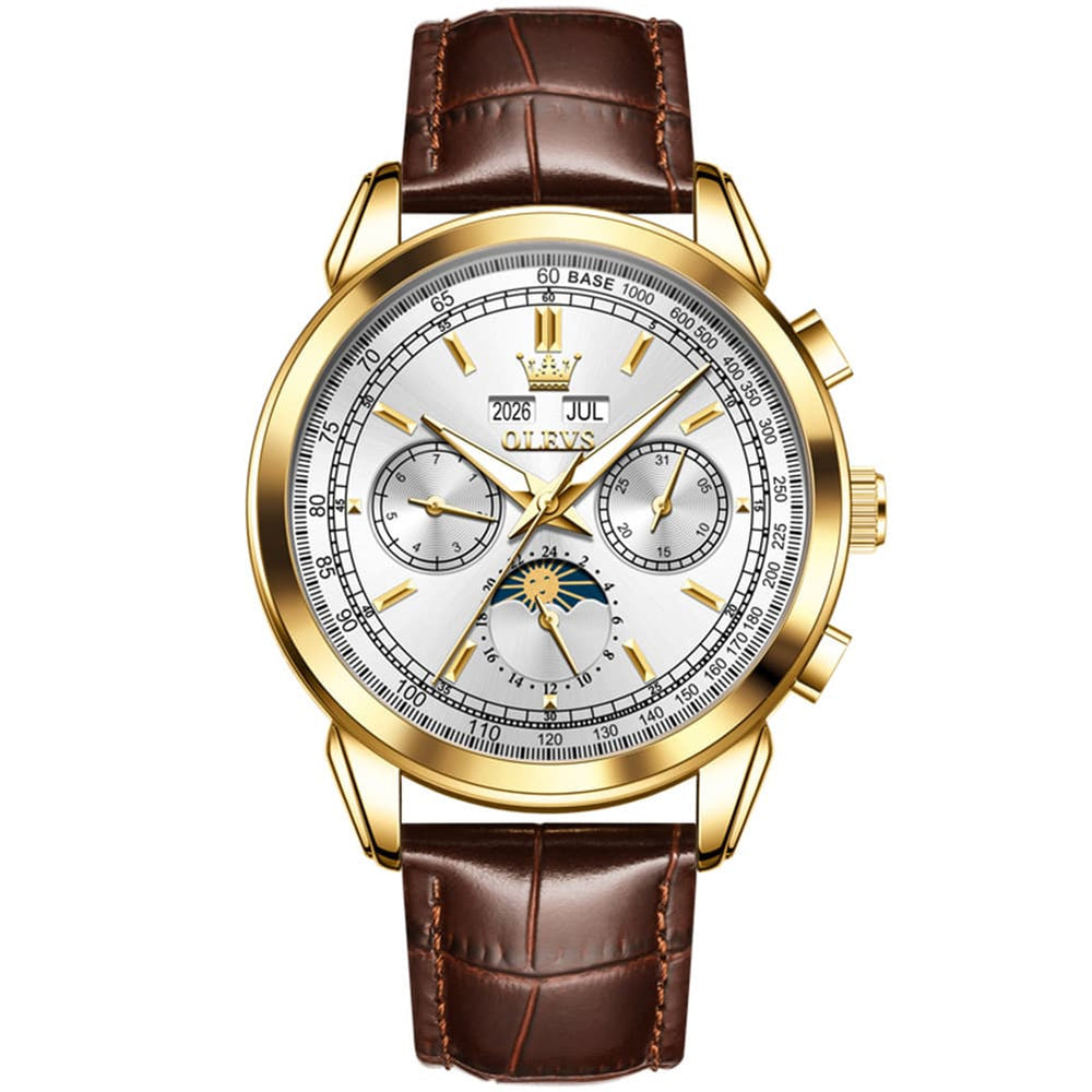 OLEVS Leather Strap Moon Phase Automatic Mechanical Watch for Men 7117 - Gold Black Watch | Olevs Watch Store