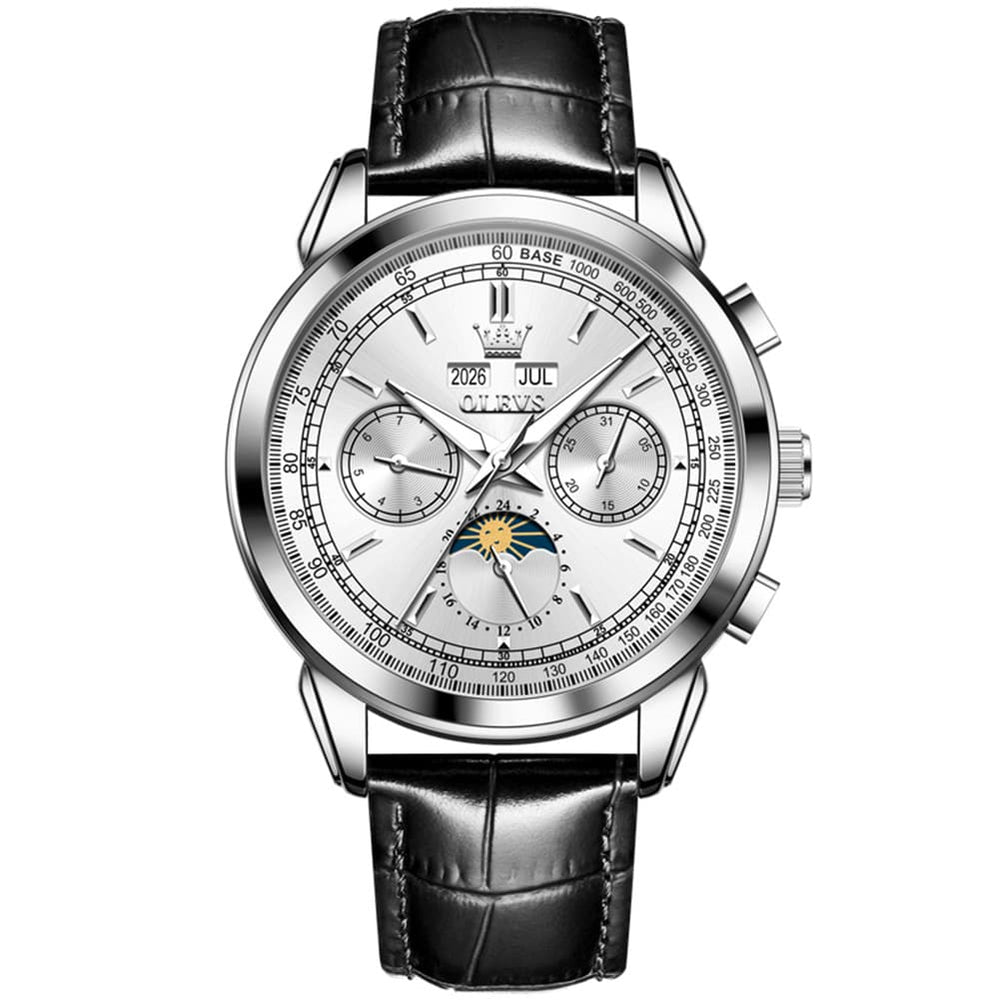 OLEVS Leather Strap Moon Phase Automatic Mechanical Watch for Men 7117 - Gold Black Watch | Olevs Watch Store