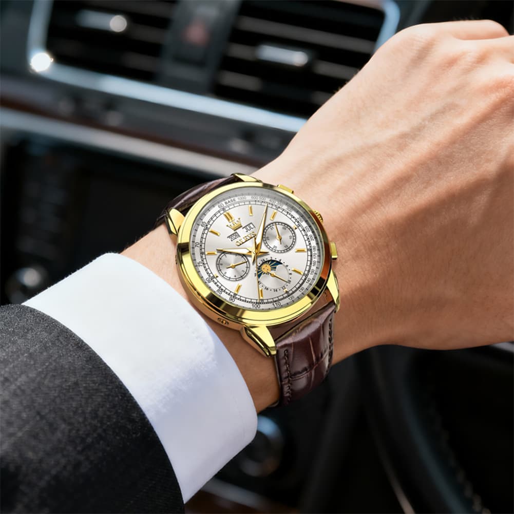 OLEVS Leather Strap Moon Phase Automatic Mechanical Watch for Men 7117 - Gold Black Watch | Olevs Watch Store