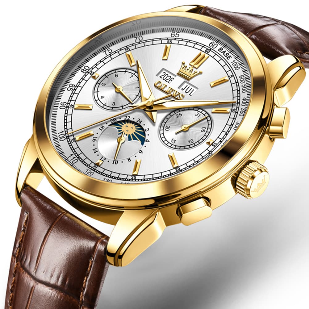 OLEVS Leather Strap Moon Phase Automatic Mechanical Watch for Men 7117 - Silver White Watch | Olevs Watch Store
