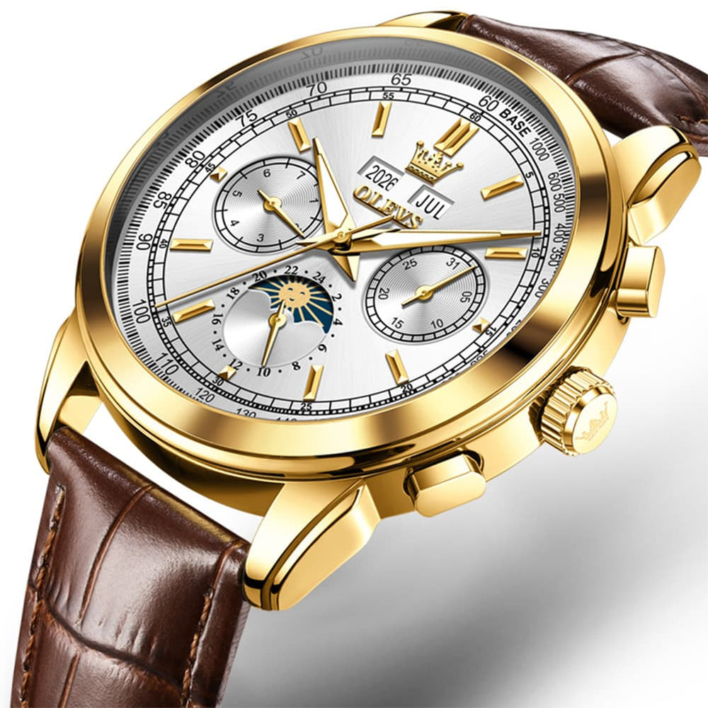 OLEVS Leather Strap Moon Phase Automatic Mechanical Watch for Men 7117 - Silver White Watch | Olevs Watch Store