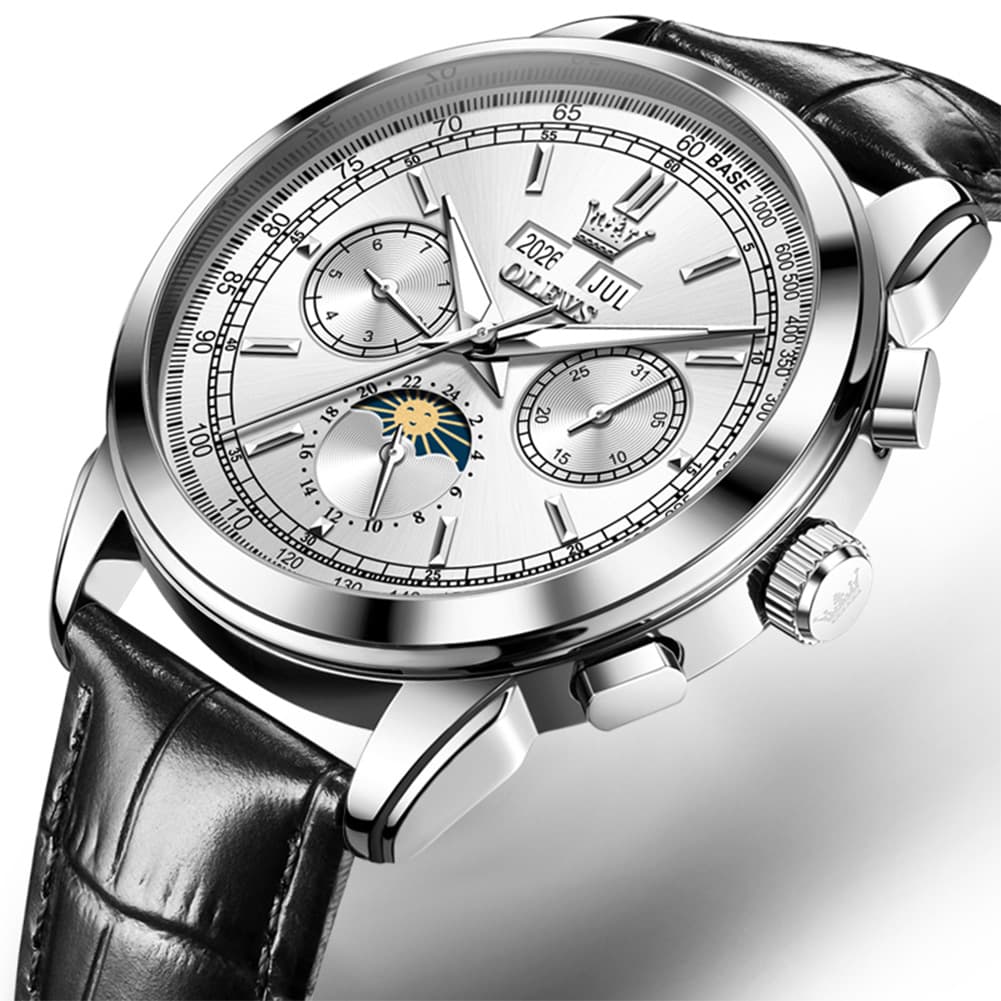 OLEVS Leather Strap Moon Phase Automatic Mechanical Watch for Men 7117 - Silver White Watch | Olevs Watch Store