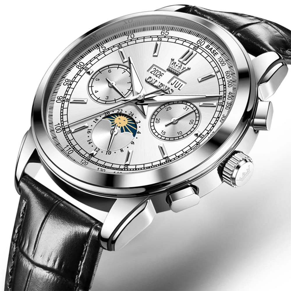 OLEVS Leather Strap Moon Phase Automatic Mechanical Watch for Men 7117 - Silver White Watch | Olevs Watch Store