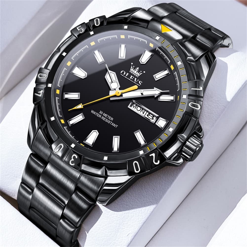 OLEVS Mecha Sport Day Date Watch for Men Stainless Steel 5560 - All Black Watch | Olevs Watch Store