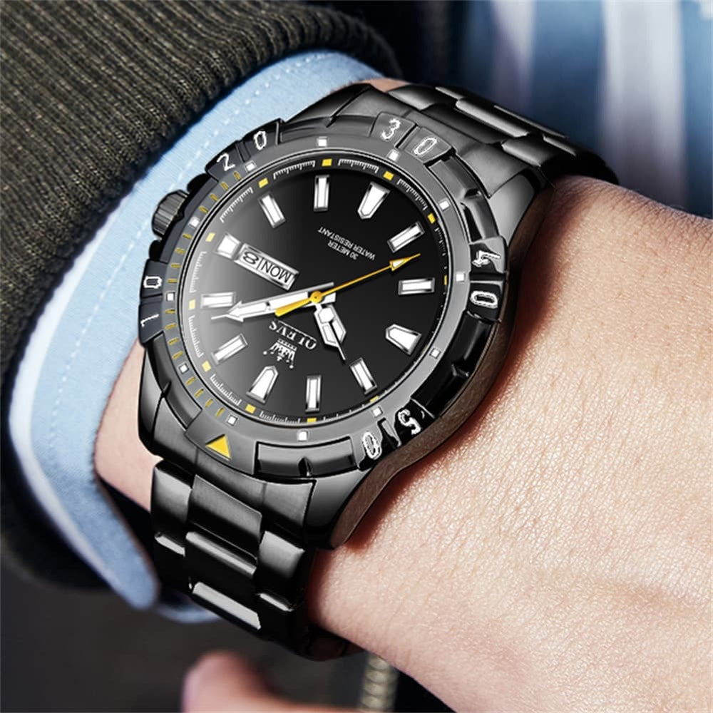 OLEVS Mecha Sport Day Date Watch for Men Stainless Steel 5560 - All Black Watch | Olevs Watch Store