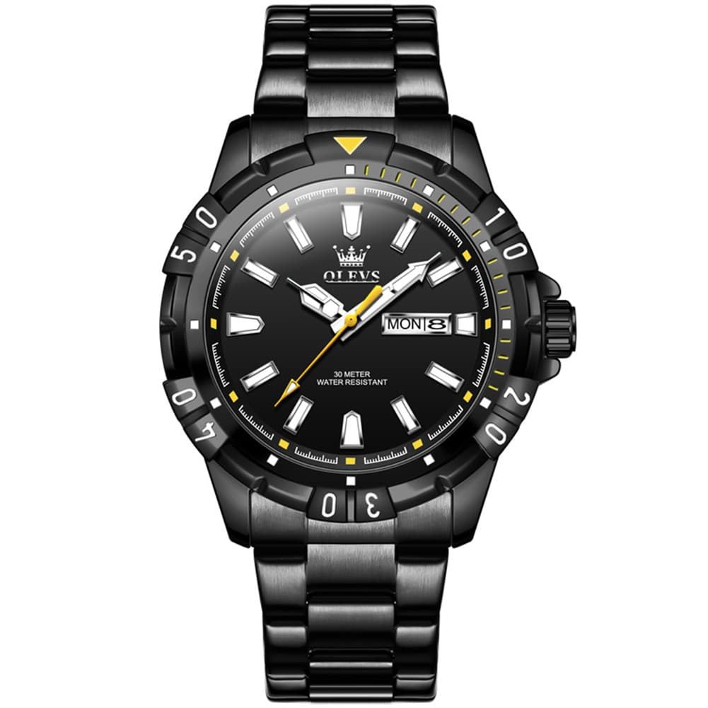OLEVS Mecha Sport Day Date Watch for Men Stainless Steel 5560 - All Black Watch | Olevs Watch Store