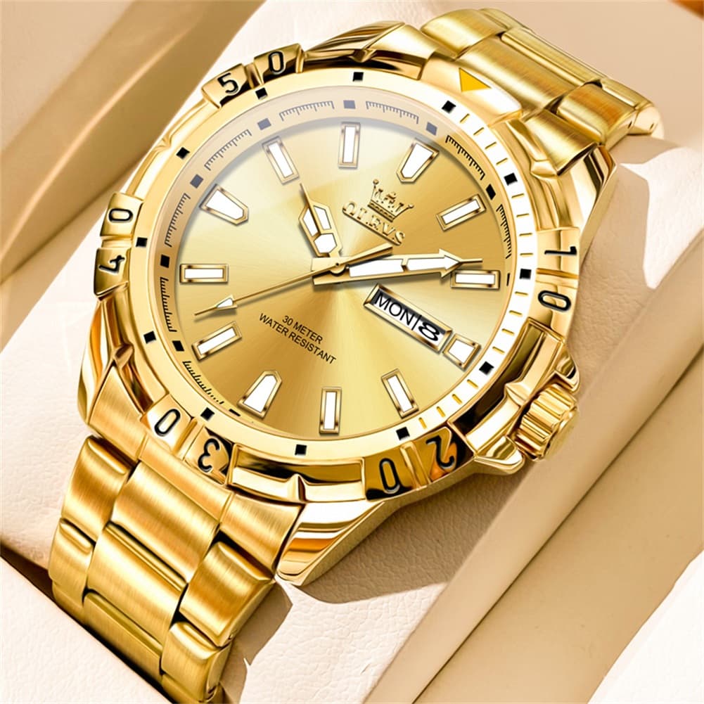 OLEVS Mecha Sport Day Date Watch for Men Stainless Steel 5560 - All Gold Watch | Olevs Watch Store