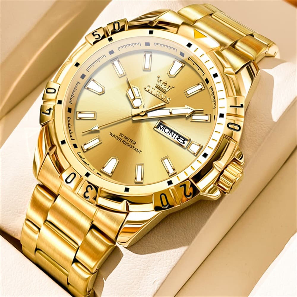 OLEVS Mecha Sport Day Date Watch for Men Stainless Steel 5560 - All Gold Watch | Olevs Watch Store