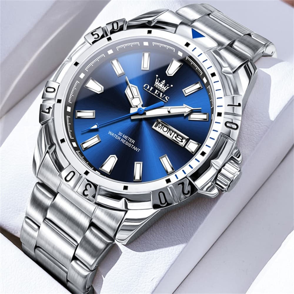 OLEVS Mecha Sport Day Date Watch for Men Stainless Steel 5560 - Silver Blue Watch | Olevs Watch Store