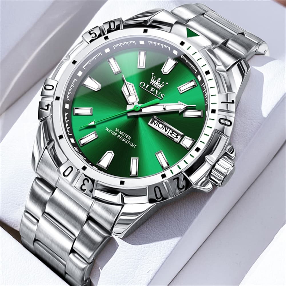 OLEVS Mecha Sport Day Date Watch for Men Stainless Steel 5560 - Silver Green Watch | Olevs Watch Store