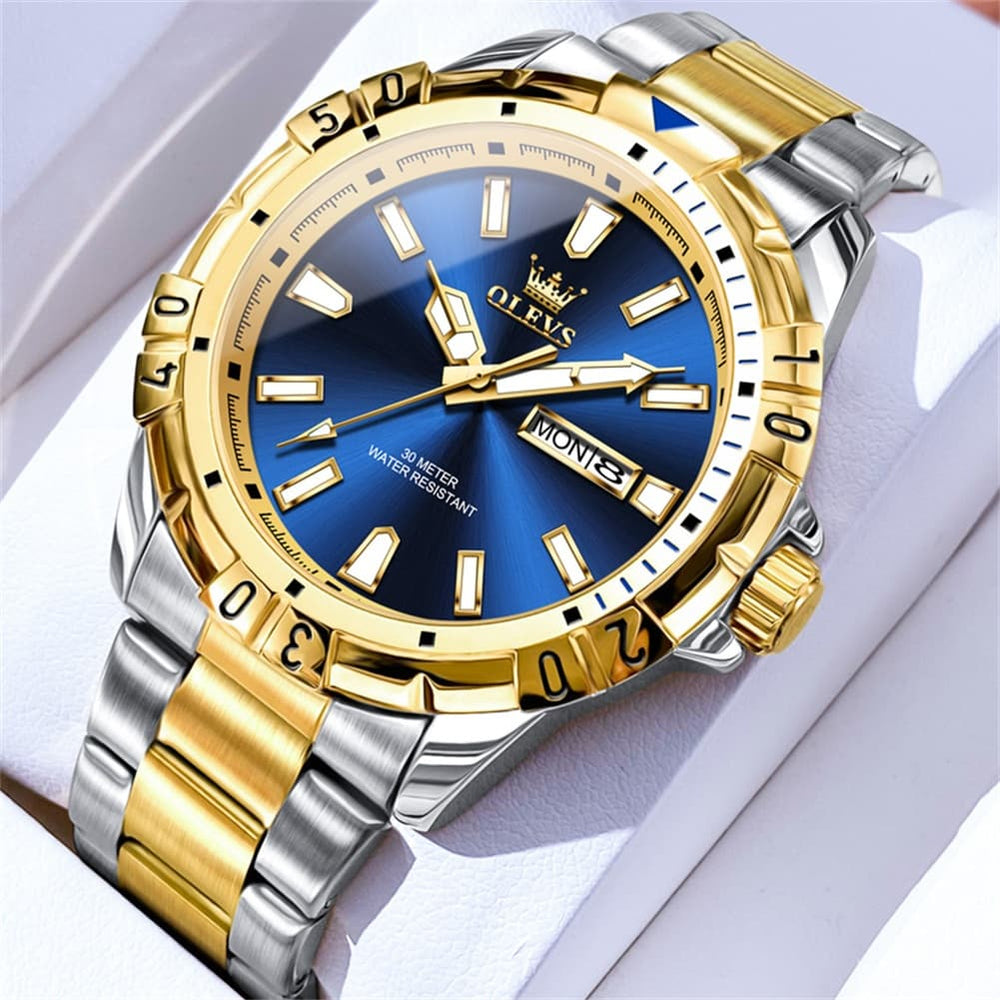 OLEVS Mecha Sport Day Date Watch for Men Stainless Steel 5560 - Two Tone Blue Watch | Olevs Watch Store
