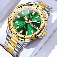 OLEVS Mecha Sport Day Date Watch for Men Stainless Steel 5560 - Two Tone Green Watch | Olevs Watch Store
