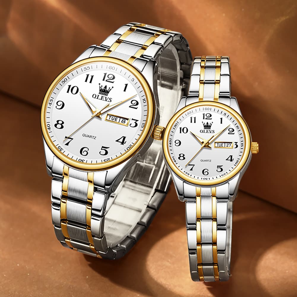 OLEVS Men and Women Couple Watch Stainless Steel Quartz Day Date Arabic Numerals 5567 - Olevs Watch Store