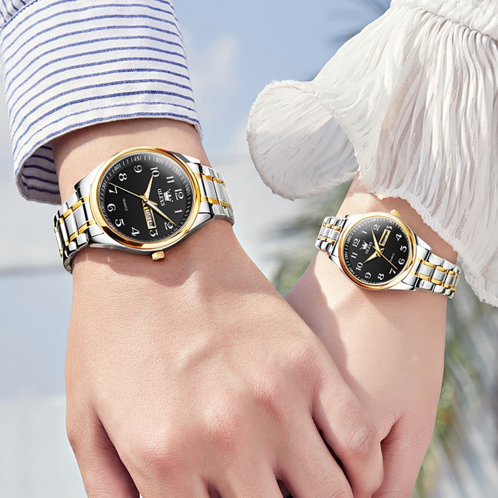 OLEVS Men and Women Couple Watch Stainless Steel Quartz Day Date Arabic Numerals 5567 - Olevs Watch Store