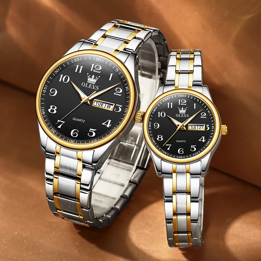 OLEVS Men and Women Couple Watch Stainless Steel Quartz Day Date Arabic Numerals 5567 - Olevs Watch Store
