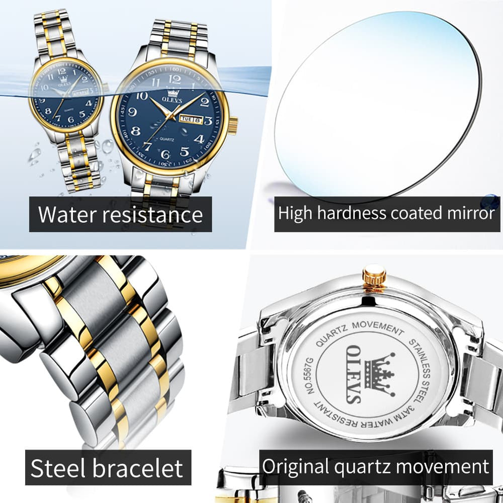 OLEVS Men and Women Couple Watch Stainless Steel Quartz Day Date Arabic Numerals 5567 - Olevs Watch Store