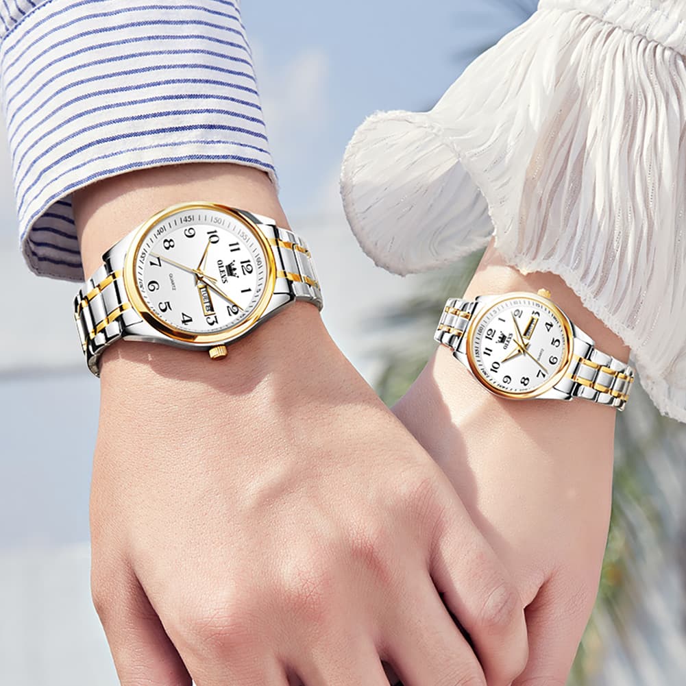 OLEVS Men and Women Couple Watch Stainless Steel Quartz Day Date Arabic Numerals 5567 - Olevs Watch Store