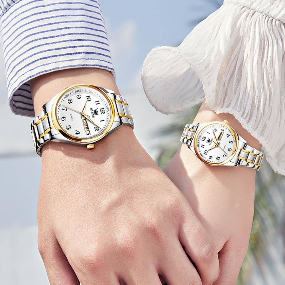 OLEVS Men and Women Couple Watch Stainless Steel Quartz Day Date Arabic Numerals 5567 - Olevs Watch Store