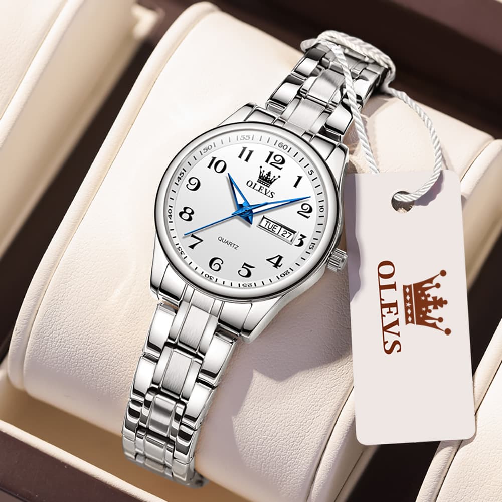 OLEVS Men and Women Couple Watch Stainless Steel Quartz Day Date Arabic Numerals 5567-Women - Silver White|Olevs Watch Store