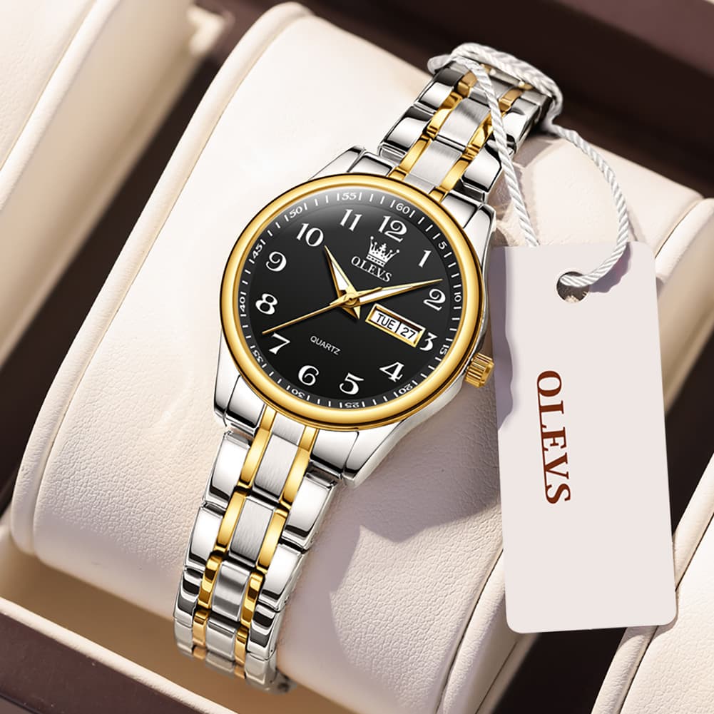 OLEVS Men and Women Couple Watch Stainless Steel Quartz Day Date Arabic Numerals 5567-Women -Two Tone Black|Olevs Watch Store
