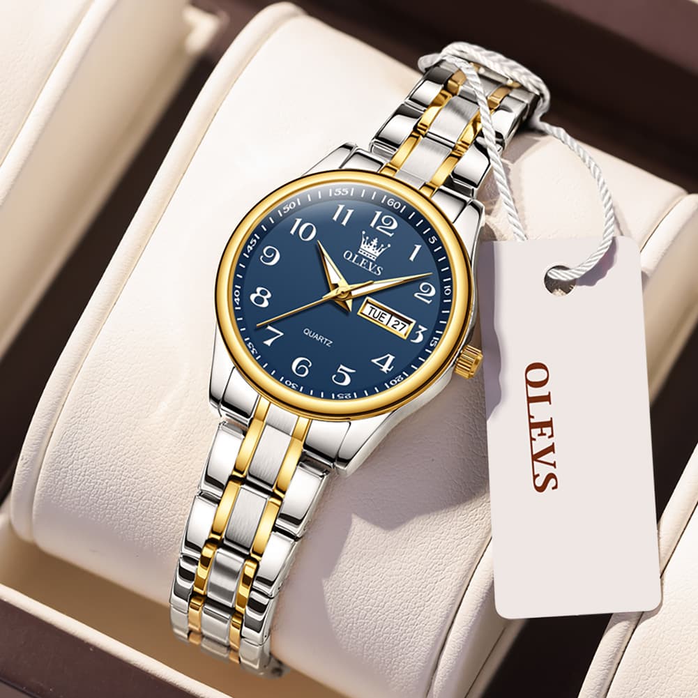 OLEVS Men and Women Couple Watch Stainless Steel Quartz Day Date Arabic Numerals 5567-Women - Two Tone Blue|Olevs Watch Store