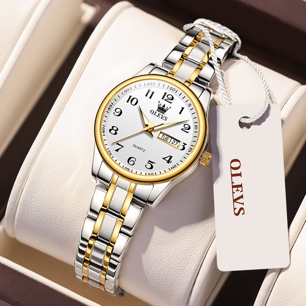 OLEVS Men and Women Couple Watch Stainless Steel Quartz Day Date Arabic Numerals 5567-Women -Two Tone White|Olevs Watch Store