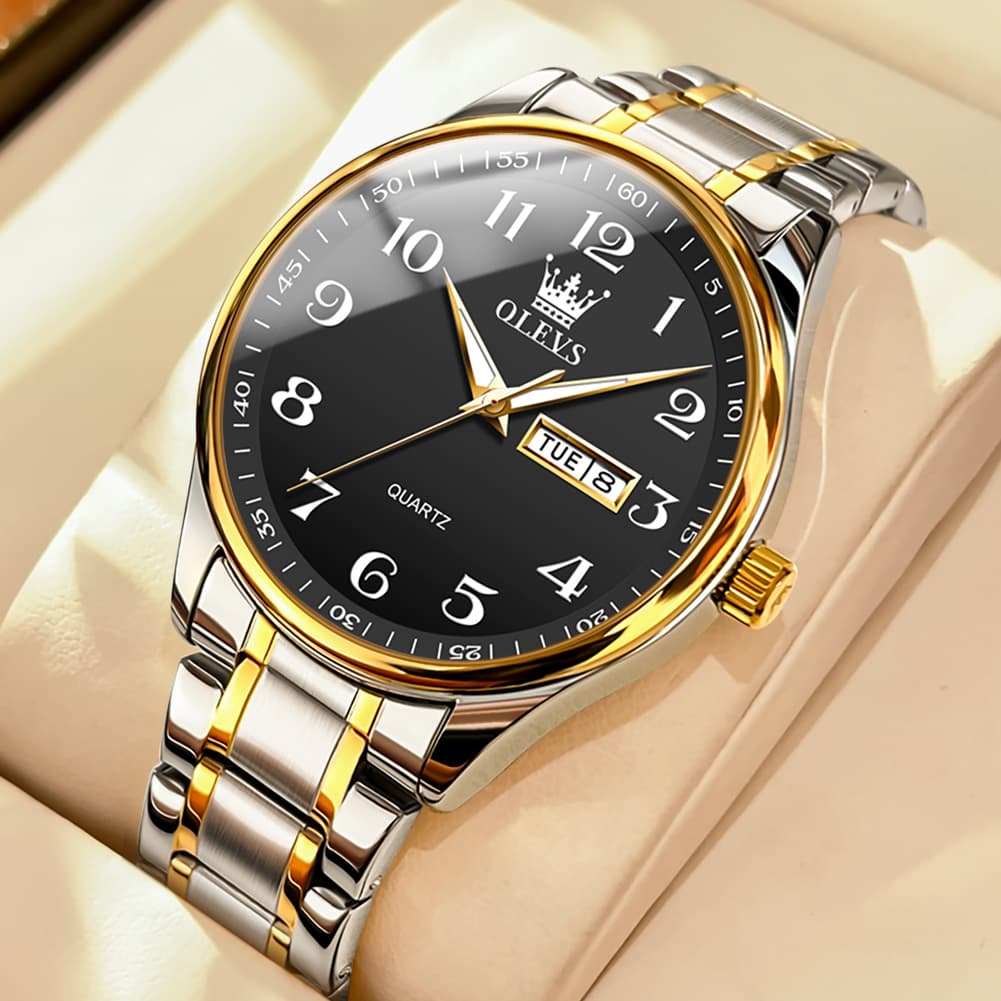 OLEVS Men and Women Couple Watch Stainless Steel Quartz Day Date Arabic Numerals 5567-Men - Two Tone Black|Olevs Watch Store