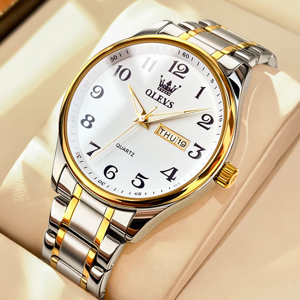 OLEVS Men and Women Couple Watch Stainless Steel Quartz Day Date Arabic Numerals 5567-Men - Two Tone White|Olevs Watch Store