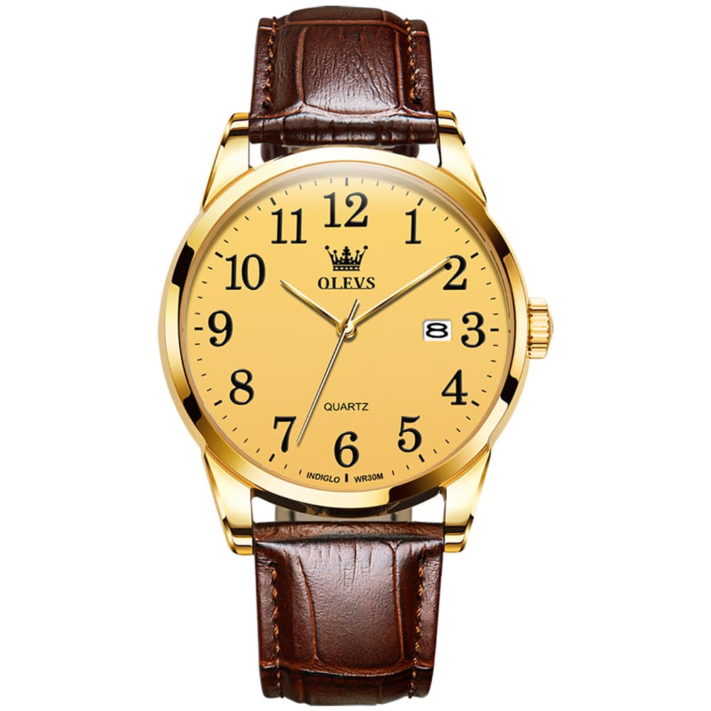 OLEVS Men Classic Leather Dress Watch Arabic Numerals Quartz Date 5566 - Man Champagne Gold Dial Watch | Olevs Watch Store
