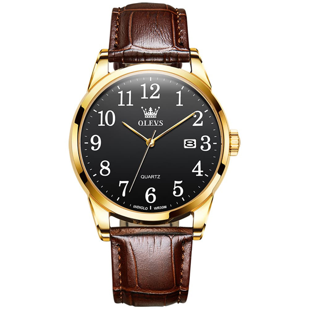OLEVS Men Classic Leather Dress Watch Arabic Numerals Quartz Date 5566 - Man Gold Black Dial Watch | Olevs Watch Store