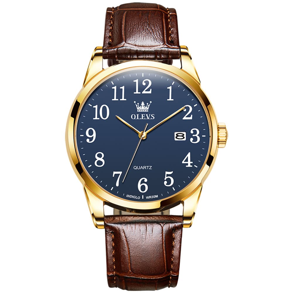 OLEVS Men Classic Leather Dress Watch Arabic Numerals Quartz Date 5566 - Man Gold Blue Dial Watch | Olevs Watch Store