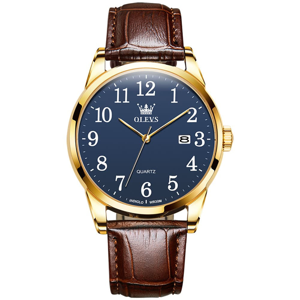 OLEVS Men Classic Leather Dress Watch Arabic Numerals Quartz Date 5566 - Man Gold Blue Dial Watch | Olevs Watch Store