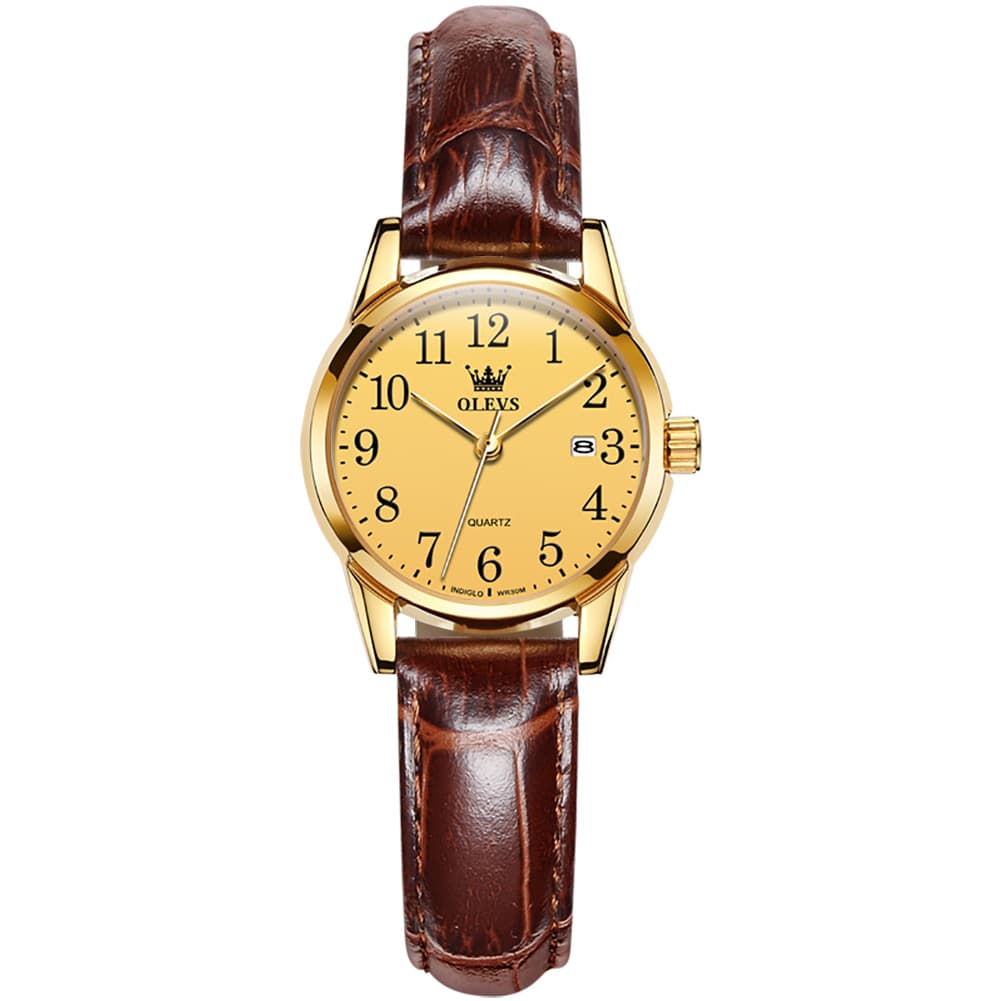 OLEVS Men Classic Leather Dress Watch Arabic Numerals Quartz Date 5566 - Women Champagne Gold Dial Watch | Olevs Watch Store