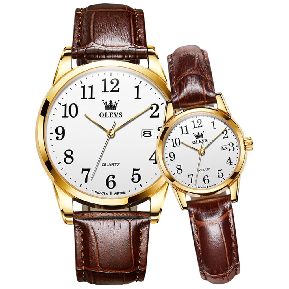OLEVS Men Classic Leather Dress Watch Arabic Numerals Quartz Date 5566 - Women Champagne Gold Dial Watch | Olevs Watch Store