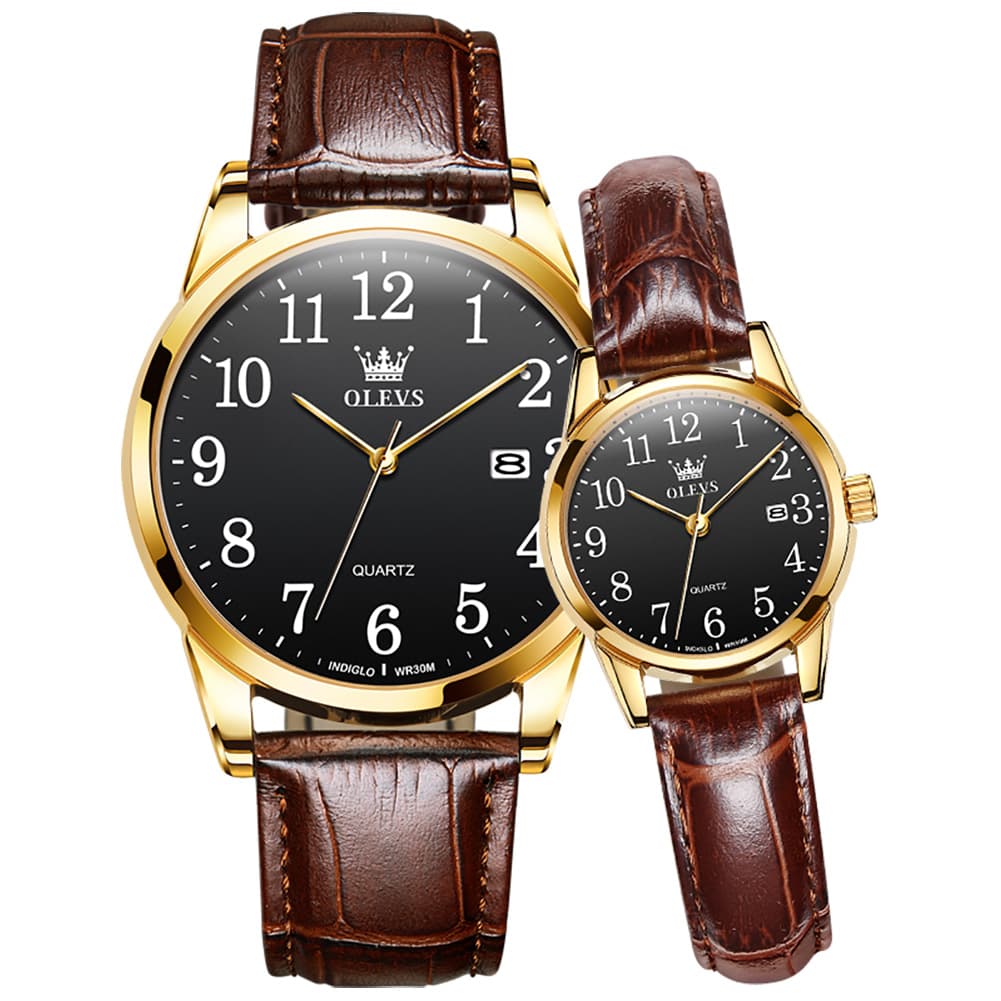 OLEVS Men Classic Leather Dress Watch Arabic Numerals Quartz Date 5566 - Women Champagne Gold Dial Watch | Olevs Watch Store