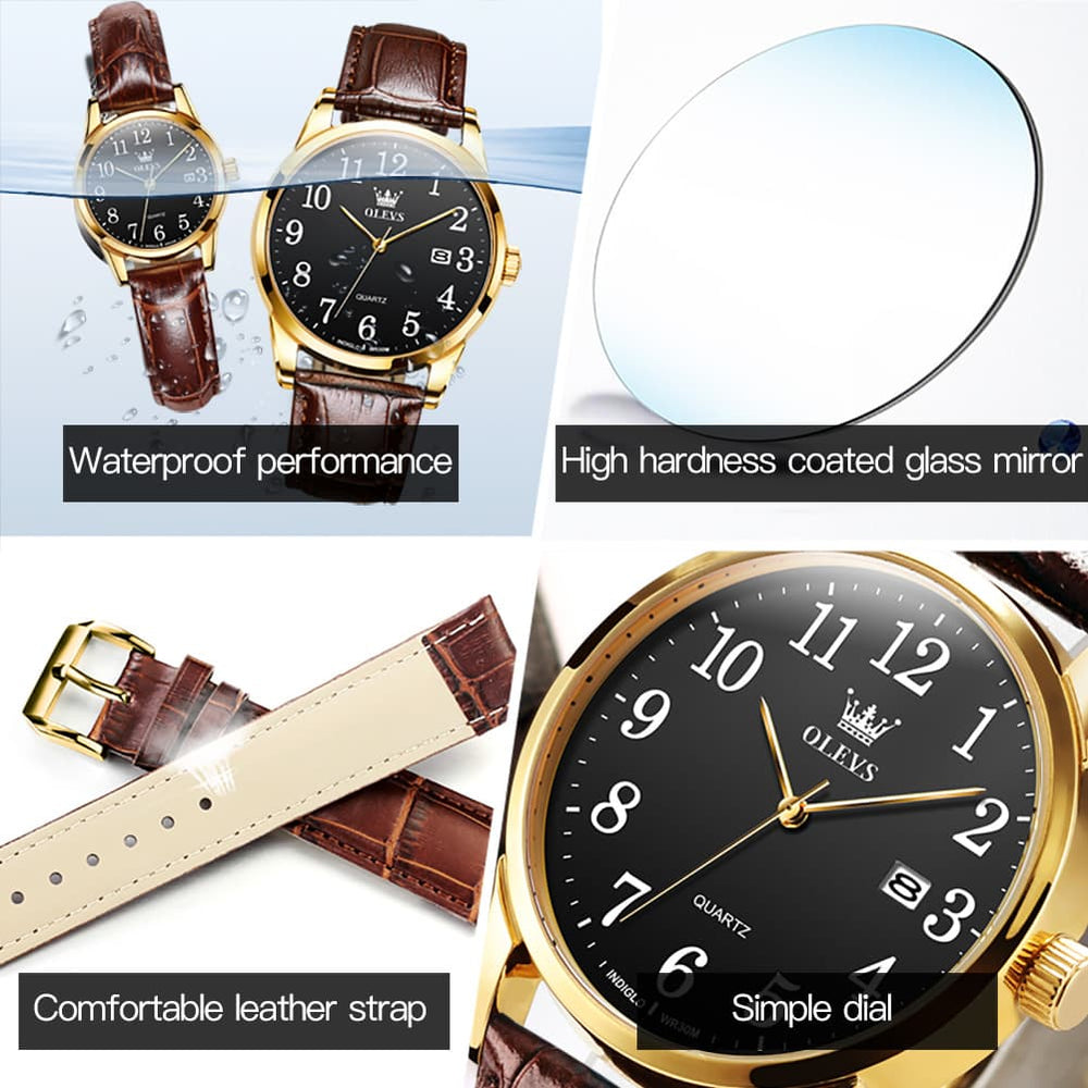 OLEVS Men Classic Leather Dress Watch Arabic Numerals Quartz Date 5566 - Women Champagne Gold Dial Watch | Olevs Watch Store