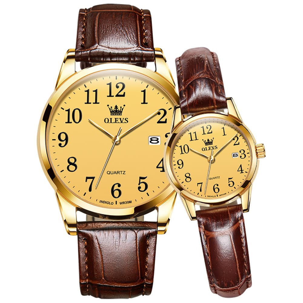 OLEVS Men Classic Leather Dress Watch Arabic Numerals Quartz Date 5566 - Women Champagne Gold Dial Watch | Olevs Watch Store