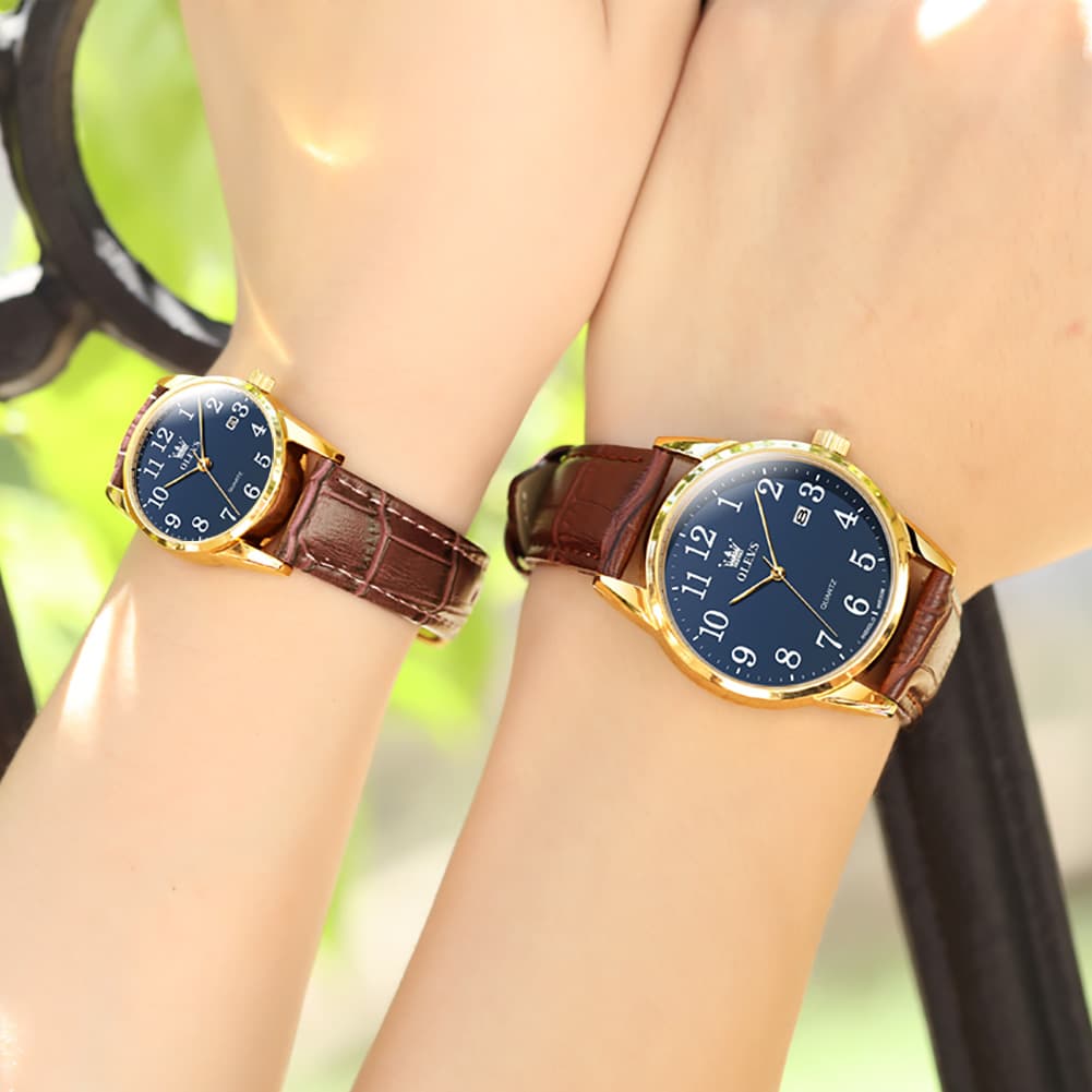 OLEVS Men Classic Leather Dress Watch Arabic Numerals Quartz Date 5566 - Women Champagne Gold Dial Watch | Olevs Watch Store
