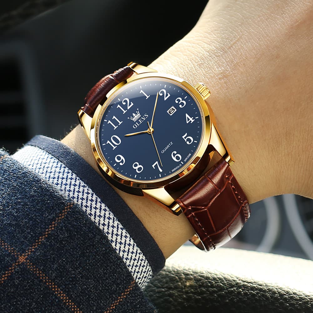 OLEVS Men Classic Leather Dress Watch Arabic Numerals Quartz Date 5566 - Women Champagne Gold Dial Watch | Olevs Watch Store