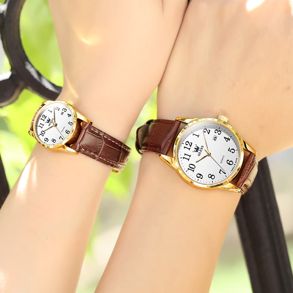 OLEVS Men Classic Leather Dress Watch Arabic Numerals Quartz Date 5566 - Women Champagne Gold Dial Watch | Olevs Watch Store