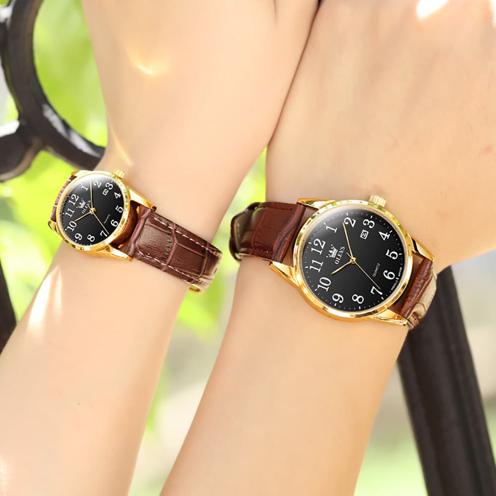 OLEVS Men Classic Leather Dress Watch Arabic Numerals Quartz Date 5566 - Women Champagne Gold Dial Watch | Olevs Watch Store