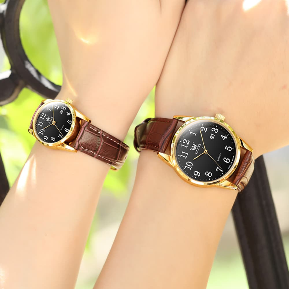 OLEVS Men Classic Leather Dress Watch Arabic Numerals Quartz Date 5566 - Women Champagne Gold Dial Watch | Olevs Watch Store