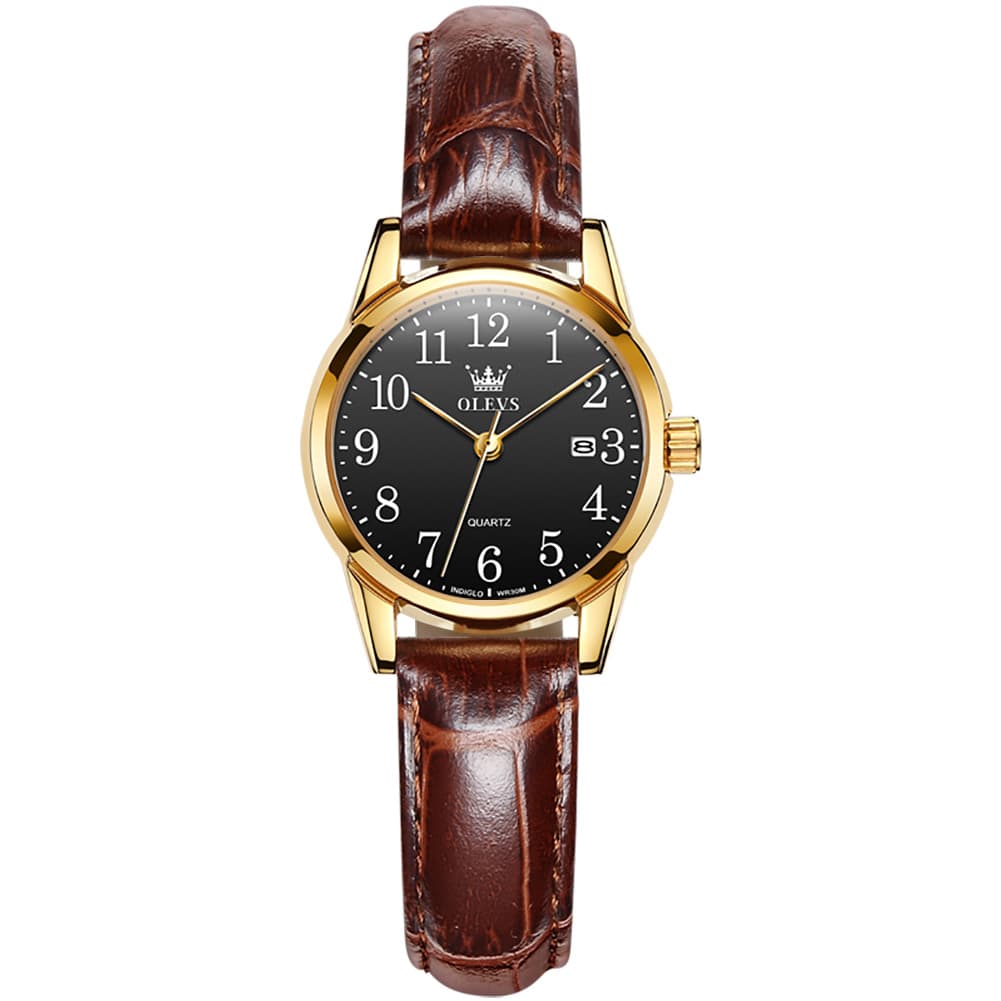 OLEVS Men Classic Leather Dress Watch Arabic Numerals Quartz Date 5566 - Women Gold Black Dial Watch | Olevs Watch Store