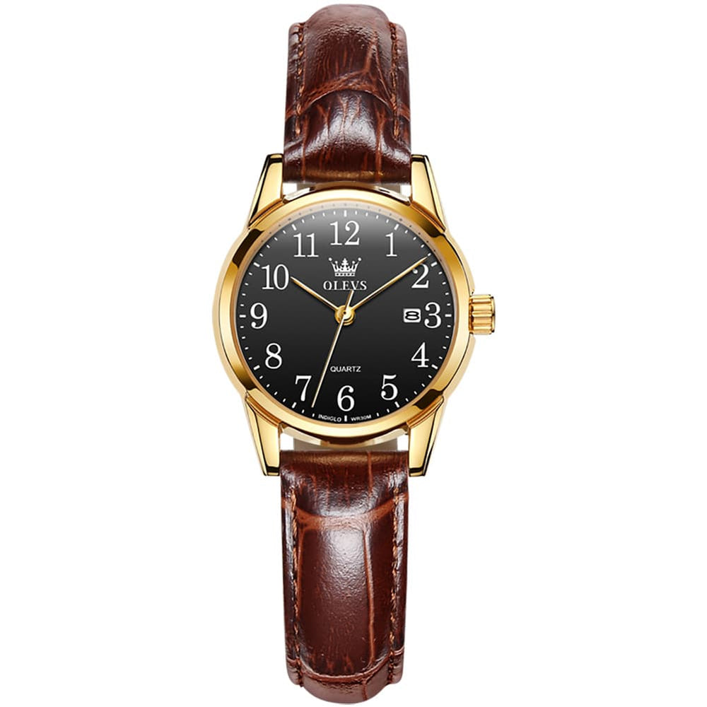 OLEVS Men Classic Leather Dress Watch Arabic Numerals Quartz Date 5566 - Women Gold Black Dial Watch | Olevs Watch Store