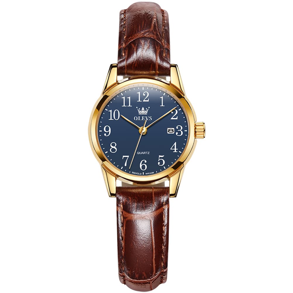 OLEVS Men Classic Leather Dress Watch Arabic Numerals Quartz Date 5566 - Women Gold Blue Dial Watch | Olevs Watch Store