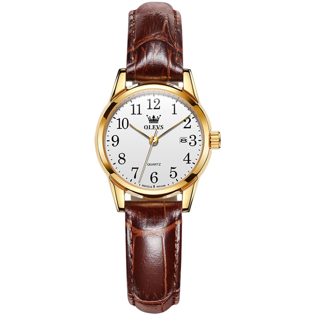 OLEVS Men Classic Leather Dress Watch Arabic Numerals Quartz Date 5566 - Women Gold White Dial Watch | Olevs Watch Store