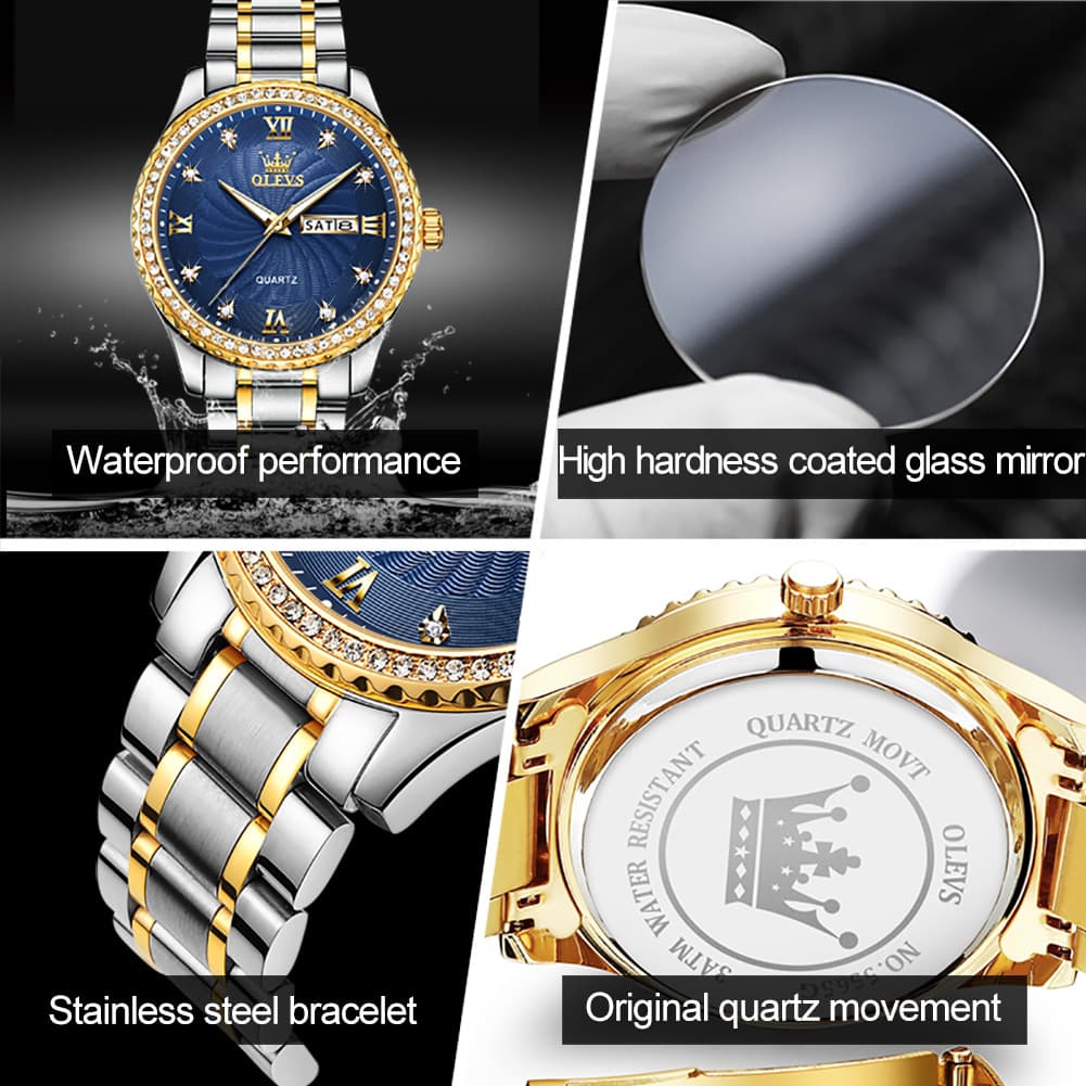 OLEVS Men Diamond Bezel Watch Two Tone Stainless Steel Quartz Day Date 5565 - All Gold Watch | Olevs Watch Store