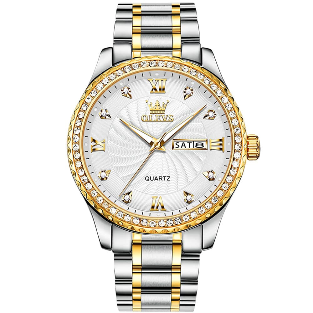 OLEVS Men Diamond Bezel Watch Two Tone Stainless Steel Quartz Day Date 5565 - Two Tone Green Watch | Olevs Watch Store