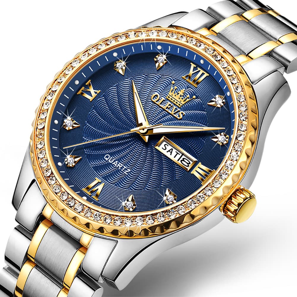 OLEVS Men Diamond Bezel Watch Two Tone Stainless Steel Quartz Day Date 5565 - All Gold Watch | Olevs Watch Store